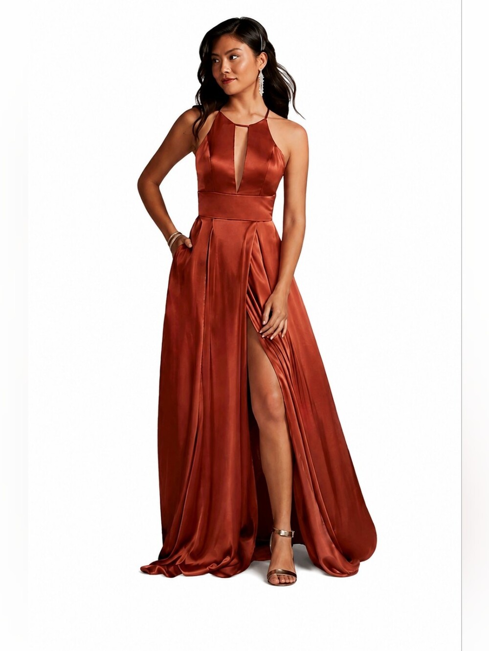 Copper Satin Halter Prom Gown with High Slit
